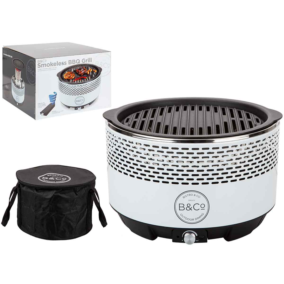 B&Co Alfresco smokeless charcoal BBQ in white